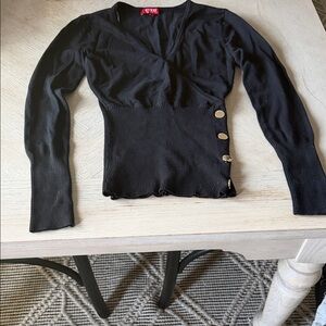 Guess Black Ribbed Wrap Blouse with Gold Buttons